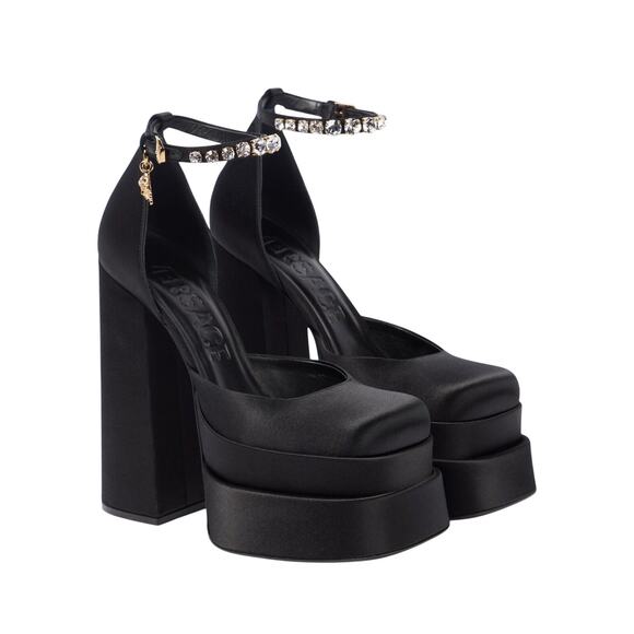 Versace Aevitas Platform Pumps EU 38/ US 8 Black Satin Shoe Crystal NIB $1,575 - Picture 1 of 16